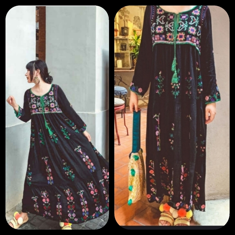 Boho Bliss Embroidered Drapey Goddess Maxi Ethnic Vtg Inspired Maxi Midi Dress